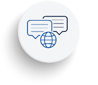 Line drawing of globe with chat dialog bubbles