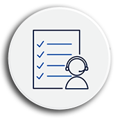 Circle with a line drawing of a checklist and a customer service representative wearing headphones